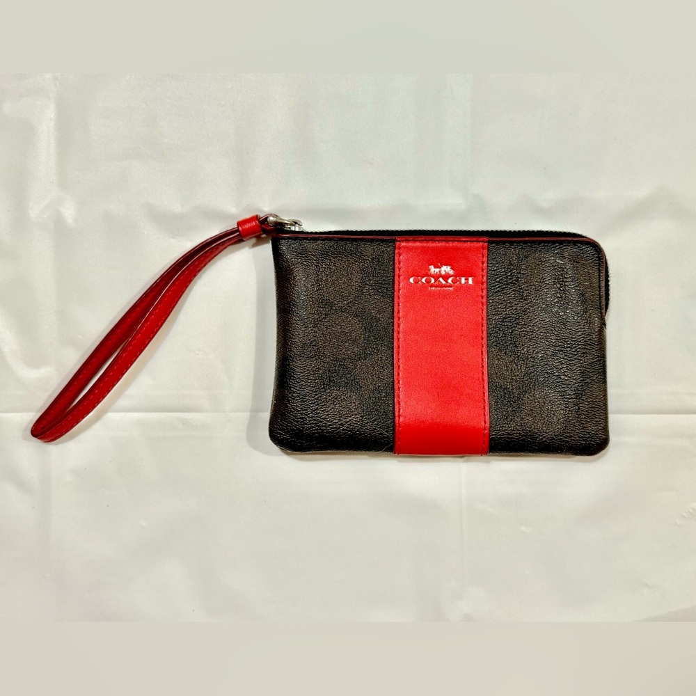 Coach Women's Small Corner Zip Wristlet in Signature Canvas (Brown / Red)